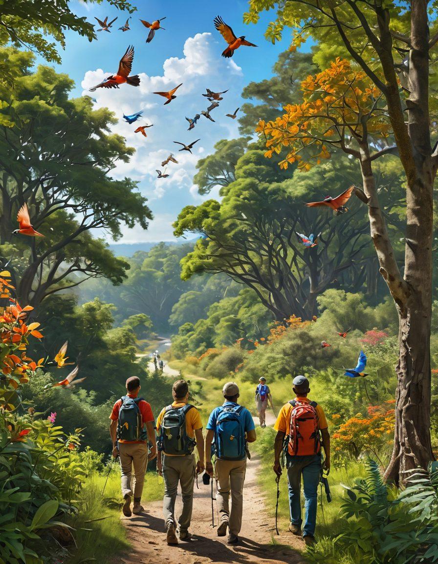 A serene landscape depicting a lush nature trail leading into a vibrant forest, with colorful birds perched on branches and flying across the sky. In the foreground, a diverse group of enthusiastic birdwatchers with binoculars and colorful backpacks observe the wildlife. Incorporate elements of conservation, such as signs promoting wildlife preservation and a backdrop of a sunlit volary filled with exotic birds. super-realistic. vibrant colors. peaceful atmosphere.