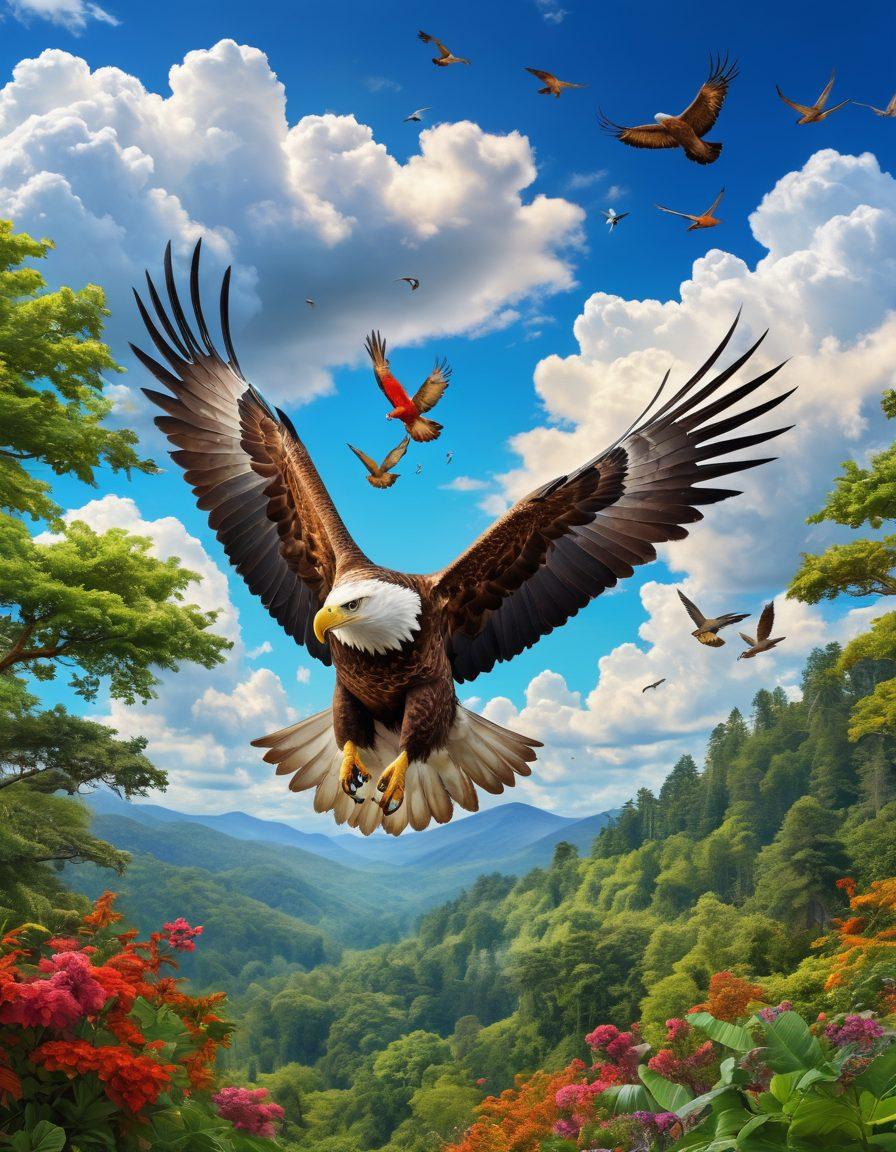 A majestic eagle soaring over a lush green forest, with various colorful birds flying together in harmony. Below, a diverse array of flora and fauna showcases the beauty of biodiversity. Incorporate vibrant colors to depict a sunny blue sky with fluffy clouds, symbolizing hope for avian conservation. The scene should radiate serenity and the importance of protecting natural habitats. super-realistic. vibrant colors. 3D.