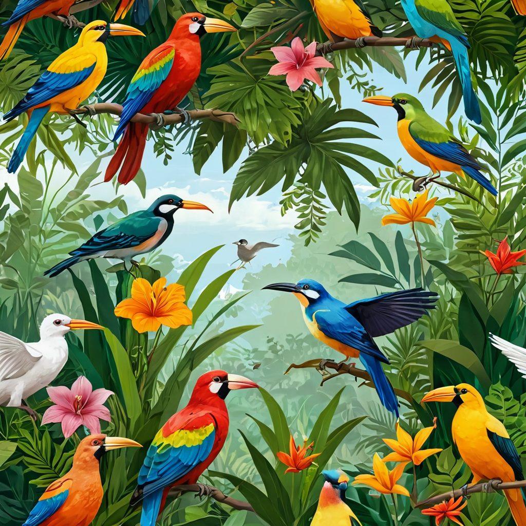 A vibrant scene depicting various birds in their natural habitats, showcasing their diversity from tropical rainforests to wetlands. Incorporate elements of flora and fauna, emphasizing the connection between birds and environmental protection, such as nests and food chains. The sky should be bright and clear, symbolizing hope for biodiversity, with visual cues like colorful flowers and green landscapes in the background. super-realistic. vibrant colors. white background.